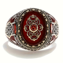 Load image into Gallery viewer, Vintage-Inspired Silvery Crown Men&#39;s Punk Ring - Engraved Eagle Print, Red Synthetic Gemstones