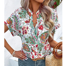 Load image into Gallery viewer, Women&#39;s Summer Floral Print Blouse Short Sleeve Notch V Neck Office Work Shirts - Size: S