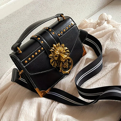 Mini Vintage Crossbody Bag, Lion Head Rivet Decor Punk Style Shoulder Purse with Handbag