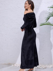 Slant Shoulder Bodycon Maxi Dress - Elegant Long Sleeve Party & Banquet Dress with Split Hem, Size: S