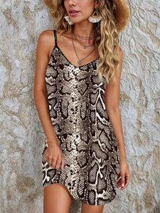 Snakeskin Print Lounge Dress - V Neck, Backless, Comfortable, Soft, Stretchy, Relaxed Fit Home Wear for Women, Size: S