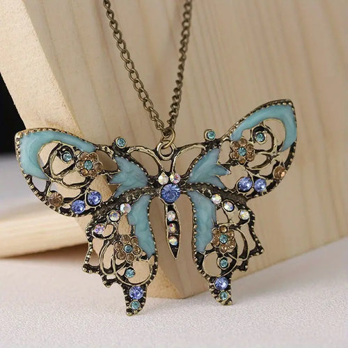 Vintage Colorful Big Butterfly Pendant Necklace For Women with Chain