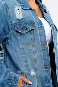 American Bazi Full Size Button Up Distressed Denim Jacket - #shop_name - women clothes