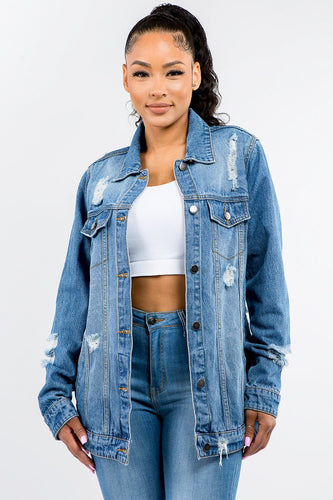 American Bazi Full Size Button Up Distressed Denim Jacket - #shop_name - women clothes