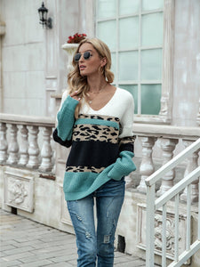 Angel Wings Leopard Color Block V - Neck Sweater, Designer's Choice - #shop_name - women clothes