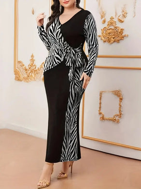 Plus Size Elegant Surplice Neck Dress - Zebra Pattern Stitching, Long Sleeve, Tie Waist, Slim Fit, Ankle Length, 1XL