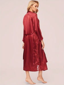 Elegant Solid Contrast Lace Hollow Out Night Robes, Comfy Long Sleeve Longline Sleep Robe With Belt, Women's Sleepwear