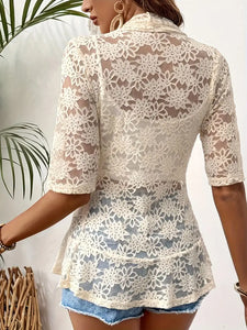 Stunning Floral Lace Open Front Jacket - Casual Jackets with Ruffled Hem and Half Sleeves for Spring and Summer, Size: M