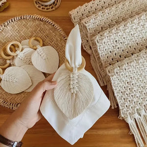 Boho Macrame Cotton Napkin Rings - Set of 4 Handmade Rustic Napkin Holders for Party Table Decor