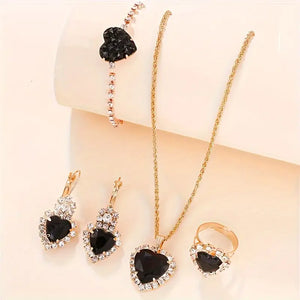 Luxury Heart-Shaped Jewelry Set Shiny Elegant Style Ring, Earrings, Bracelet, And Necklace Set