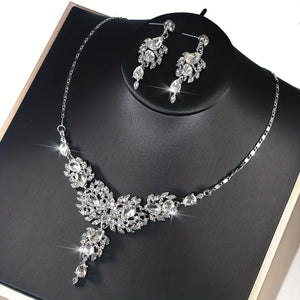 Luxurious Inlaid Rhinestone Wedding Jewelry Set - Sparkling Pendant Necklace & Dangle Earrings for Women and Brides