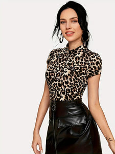 Leopard Print Chic T-Shirt - Soft Mock Neck, Lightweight Short Sleeves - Perfect for Spring & Summer, Trendy Women's Fashion