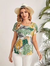 Load image into Gallery viewer, Leaf Print Crew Neck Blouse, Elegant Short Sleeve Blouse For Women -Size: S