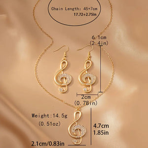 Golden Music Symbol Design Shiny Rhinestone Inlaid Dangle Earrings & Pendant Necklace Music Festival Earrings