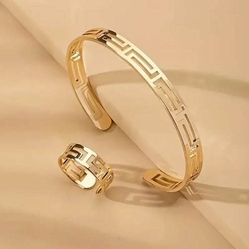 Adjustable Bangle & Ring Minimalist Style Jewelry Set 18k Gold Plated Simple Hollow Geometry Design