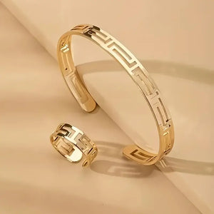 Adjustable Bangle & Ring Minimalist Style Jewelry Set 18k Gold Plated Simple Hollow Geometry Design