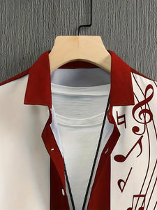 Vibrant Music Notes Print Short Sleeve Shirt - Stylish Color Block Design, Lapel Collar, Button Front, Polyester Fabric - L