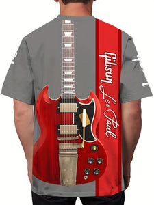 Men's Graphic Guitar Print Crew Neck T-Shirt - Soft Slight Stretch Polyester Fabric, Casual Short Sleeve Regular Fit Tee - L