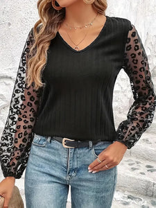 Contrast Lace Leopard Pattern T-Shirt, Casual Lantern Sleeve V Neck Top, Women's Clothing-Size: M