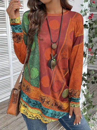 Ethnic Allover Print T-shirt, Casual Long Sleeve Crew Neck Top For Spring & Fall - Size: XL