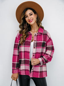 Shiny Plaid Button Up Collared Neck Jacket