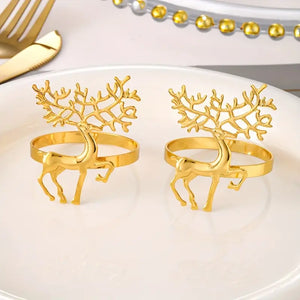 Pack of 6 Golden Polished Cast Iron Reindeer Napkin Rings For Christmas - Elegant Table Decor