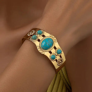 Elegant Inlaid Turquoise Oval Shaped Pattern Bangle - Golden Silvery Palace Retro Style Open Cuff Design, Jewelry for Women, in 2 Colors