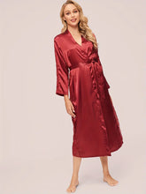 Load image into Gallery viewer, Elegant Solid Contrast Lace Hollow Out Night Robes, Comfy Long Sleeve Longline Sleep Robe With Belt, Women&#39;s Sleepwear