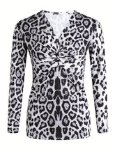 Load image into Gallery viewer, Leopard Print Twist Tunic - Flattering V Neck, Slimming Long Sleeves - Womens Fashion Casual Top with Figure-Embracing Twist Detail- 2 Sizes