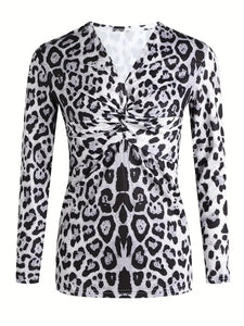 Leopard Print Twist Tunic - Flattering V Neck, Slimming Long Sleeves - Womens Fashion Casual Top with Figure-Embracing Twist Detail- 2 Sizes