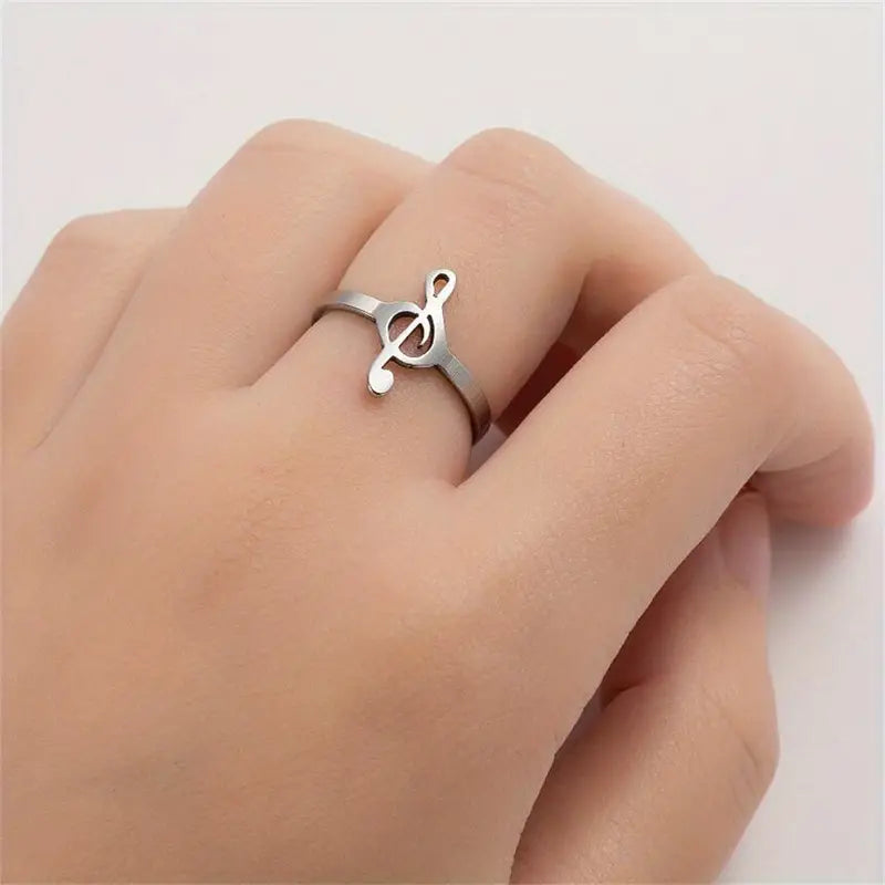 Adjustable Stainless Steel Single Ring - Elegant Musical Note Design, Opening Ring, Finger Jewelry, G Key