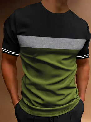 Mens Fashionable Stripe Pattern Shirt - Ultra-Comfortable Crew Neck Tee - Ideal for Urban Exploration, Casual Outdoor Adventures, Lightweight City Wear- Olive - XL