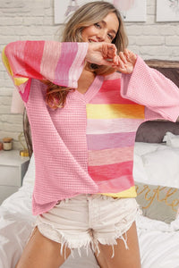 BiBi Striped Contrast Waffle Long Sleeve Top, Pink multiple Tones - #shop_name - women clothes