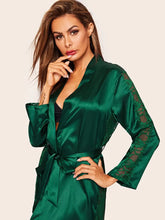 Load image into Gallery viewer, Elegant Solid Contrast Lace Hollow Out Night Robes, Comfy Long Sleeve Longline Sleep Robe With Belt, Women&#39;s Sleepwear