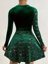 Load image into Gallery viewer, Stunning Sequin Mini Dress - Elegant V Neck, Long Sleeve, Solid Contrast, Body-con Fit, S