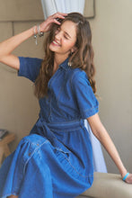 Load image into Gallery viewer, Tiered Button Down Tie Waist Short Sleeve Denim Dress