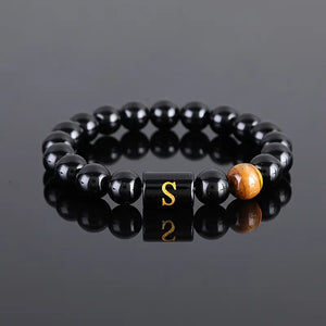 Luxury Glossy Black Glass Letter Beaded Tiger Eye Stone Boho Chic Stainless Steel 14K Gold Plated Adjustable Cuff Bangle for Men and Women