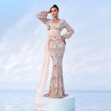 Load image into Gallery viewer, Long Sleeve Sexy Long Sequined V-neck Banquet Ribbon Evening Dress