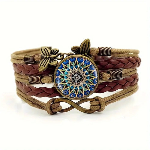 Vibrant Glass Mosaic Bohemian Mandala Butterfly Infinity Knot PU Leather Adjustable Cuff Bracelet, Accessories for Women