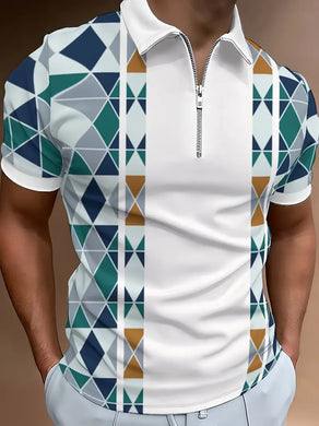 Short Sleeve Zip-Up Polo Shirt - Stylish Geometric Pattern Print, Regular Fit, Slight Stretch Polyester Fabric, Casual Wear for Men, Size: L