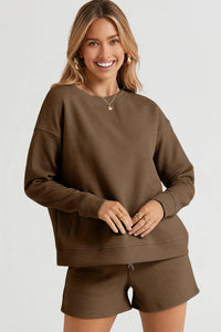 Full Size Texture Long Sleeve Top and Drawstring Shorts Set in 5 Colors