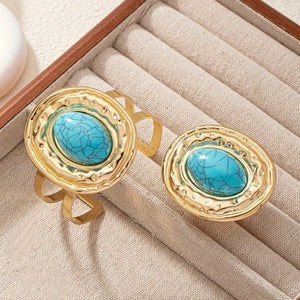 Fashion Vintage-Inspired Blue Turquoise Geometric Bangle & Ring Set for Women, An Imitation from Persian Queens Jewelries.