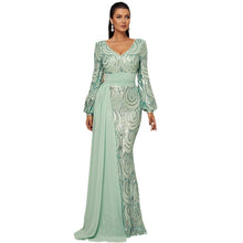 Load image into Gallery viewer, Long Sleeve Sexy Long Sequined V-neck Banquet Ribbon Evening Dress