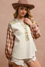 Load image into Gallery viewer, BiBi Floral Notched Plaid Balloon Sleeve Top for Girls and Women