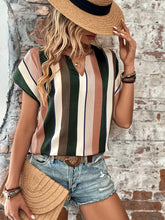 Load image into Gallery viewer, Striped Print Short Sleeve Shirt, Casual Split Crew Neck Summer Shirt, Women&#39;s Clothing- Size: S