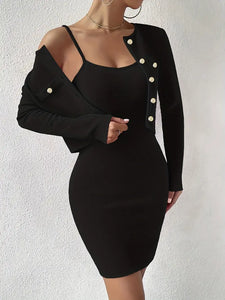 Chic Two-Piece Vintage Slim Dress Set - Long Sleeve Button Front Jacket, Body-Con Spaghetti Strap Dress - M