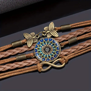 Vibrant Glass Mosaic Bohemian Mandala Butterfly Infinity Knot PU Leather Adjustable Cuff Bracelet, Accessories for Women