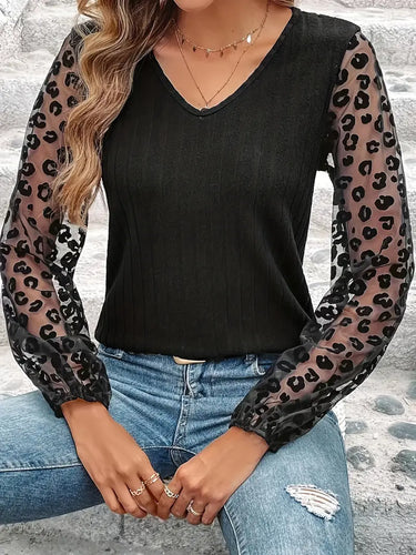 Contrast Lace Leopard Pattern T-Shirt, Casual Lantern Sleeve V Neck Top, Women's Clothing-Size: M