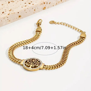 14K Gold Plated Stainless Steel Hollow Life Tree Mosaic Rhinestone Fashion Bracelet - Jewelry for Men and Women