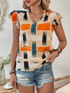 Graphic Print Ruffle Sleeve Blouse, Casual V Neck Top For Women -Size: S